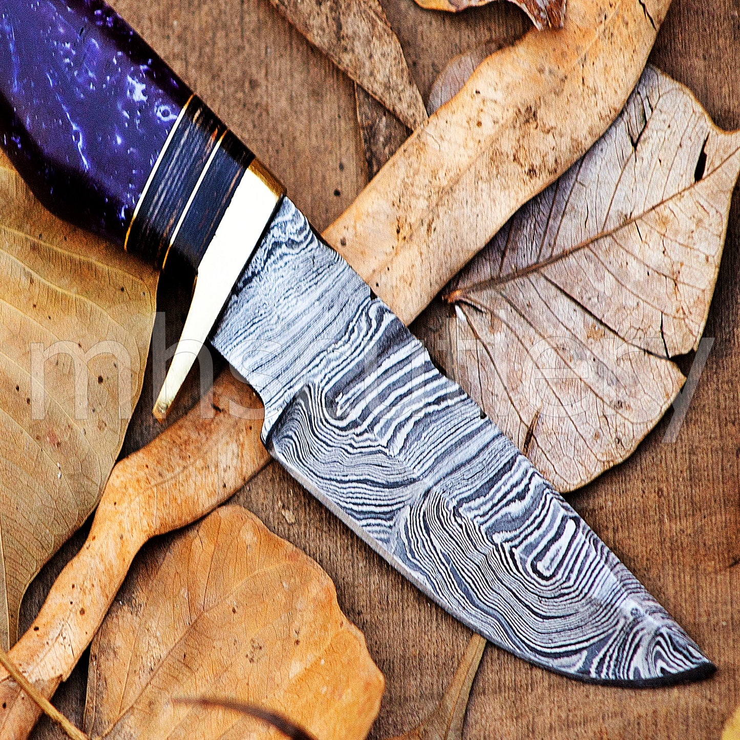 Damascus Steel Hunter Skinner Knife With Purple Resin | mhscutlery