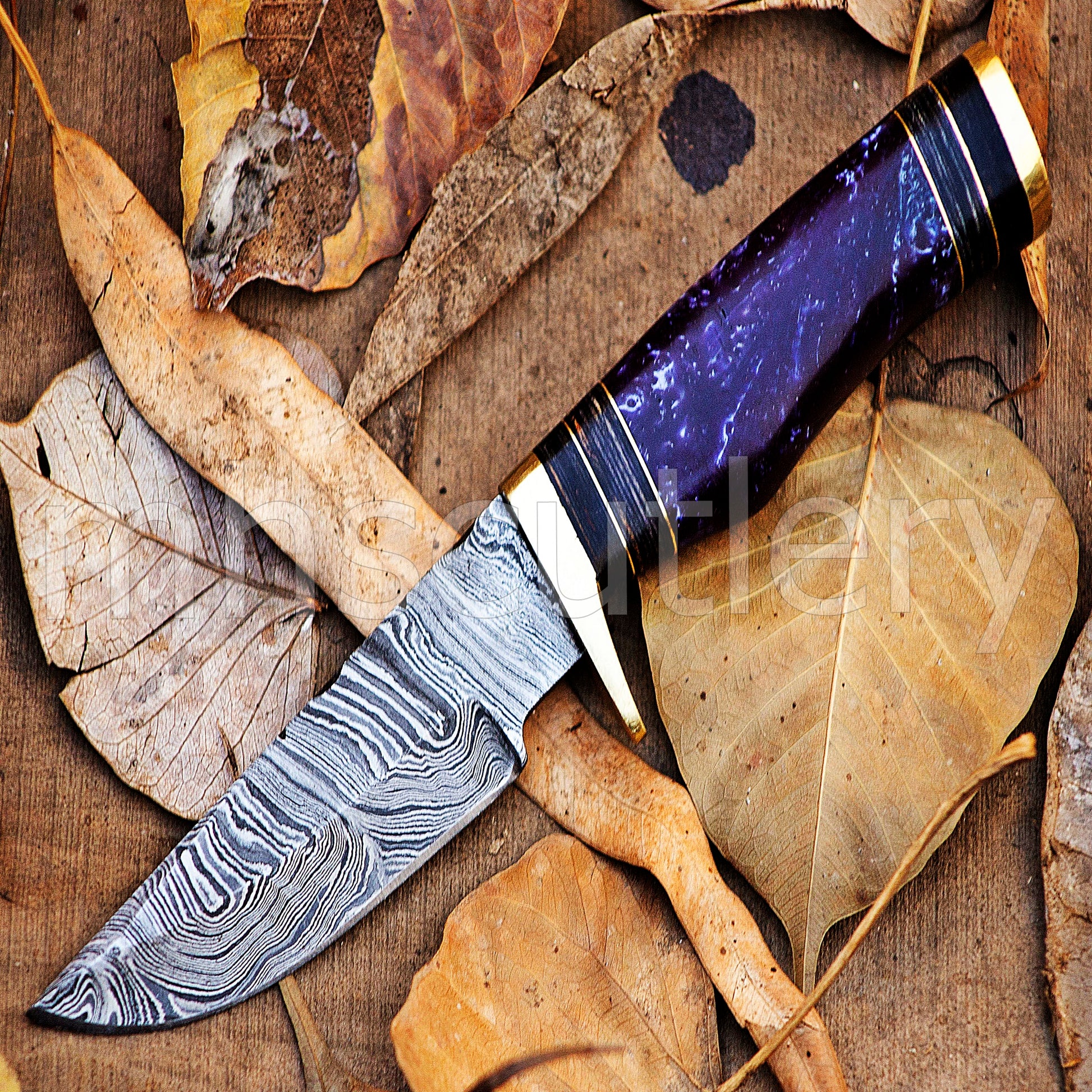 Damascus Steel Hunter Skinner Knife With Purple Resin | mhscutlery