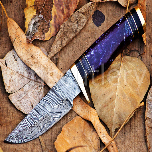 Damascus Steel Hunter Skinner Knife With Purple Resin | mhscutlery