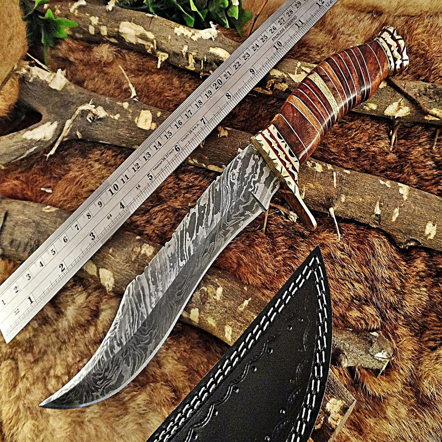 Hand-Forged Damascus Steel Bowie Knife | Custom Hunting