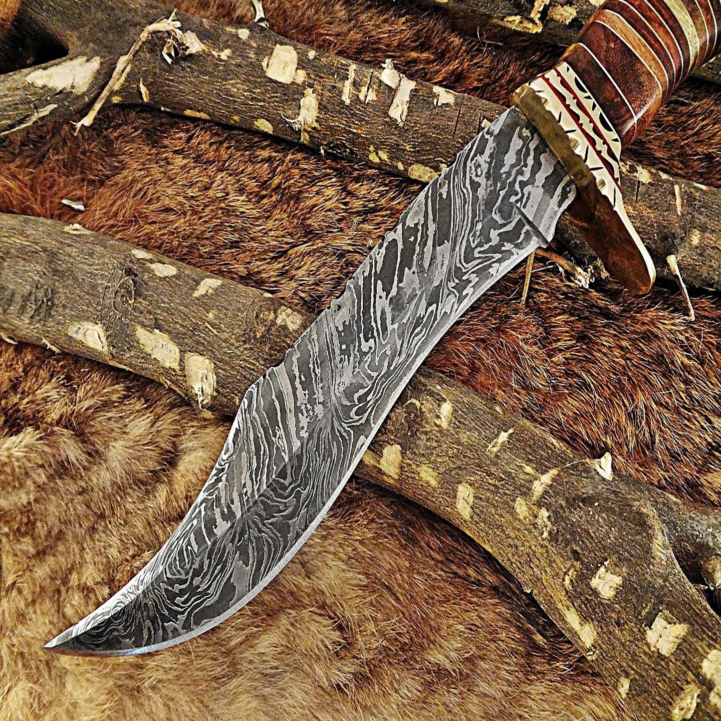 Hand-Forged Damascus Steel Bowie Knife | Custom Hunting