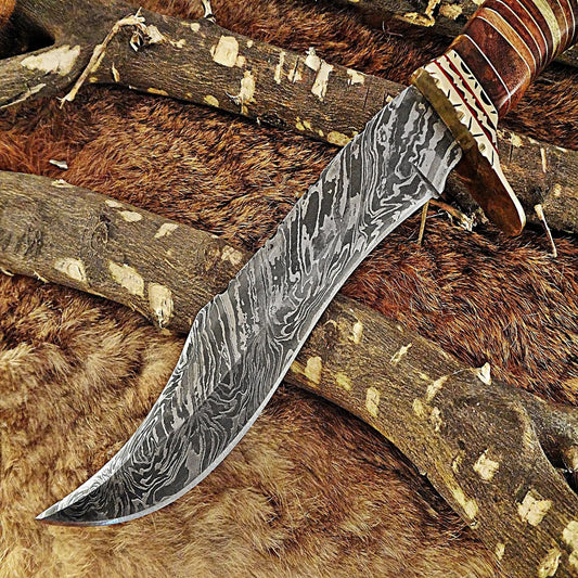 Hand-Forged Damascus Steel Bowie Knife | Custom Hunting