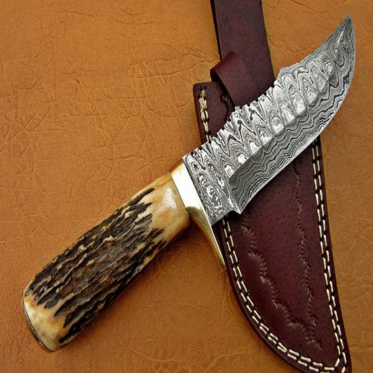 Ladder Damascus Steel Hunter's Knife | Natural Antler Handle