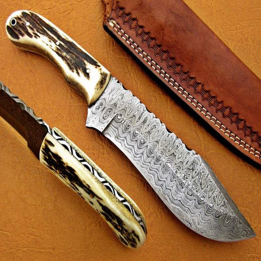Handmade Ladder Damascus Tactical Hunting Knife | Stag Handle