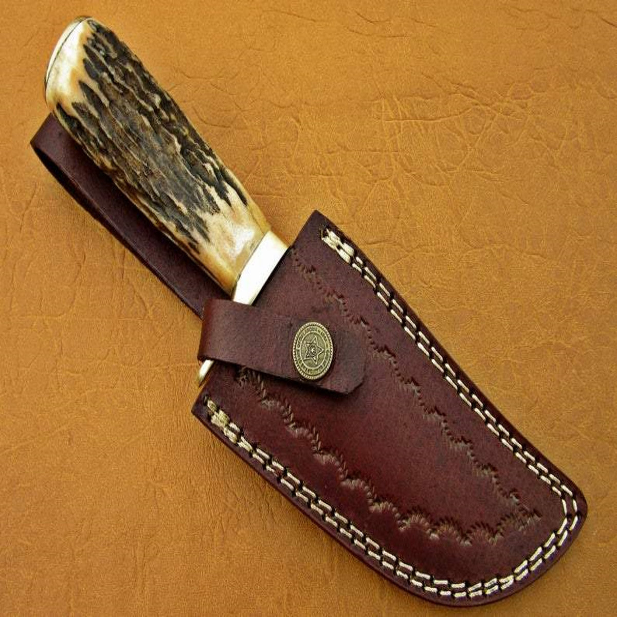 Ladder Damascus Steel Hunter's Knife | Natural Antler Handle