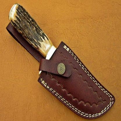 Ladder Damascus Steel Hunter's Knife | Natural Antler Handle