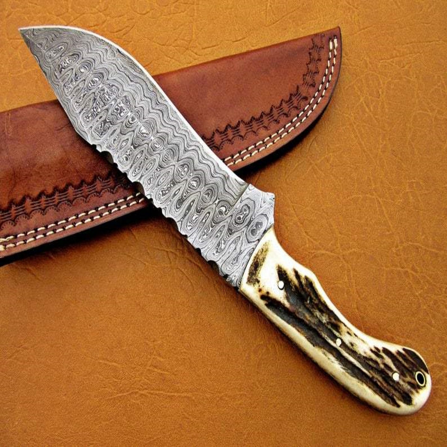 Handmade Ladder Damascus Tactical Hunting Knife | Stag Handle