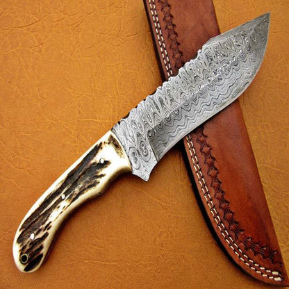Handmade Ladder Damascus Tactical Hunting Knife | Stag Handle