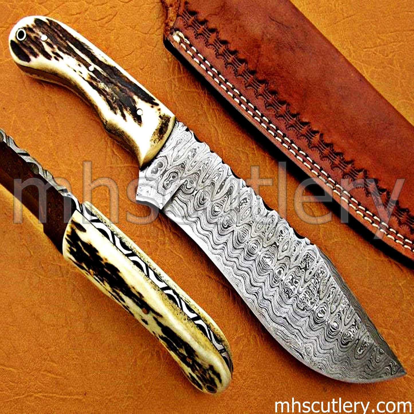Handmade Ladder Damascus Steel Tactical Hunting Knife / Stag Handle | mhscutlery