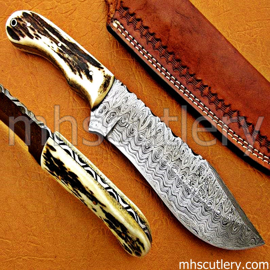 Handmade Ladder Damascus Steel Tactical Hunting Knife / Stag Handle | mhscutlery