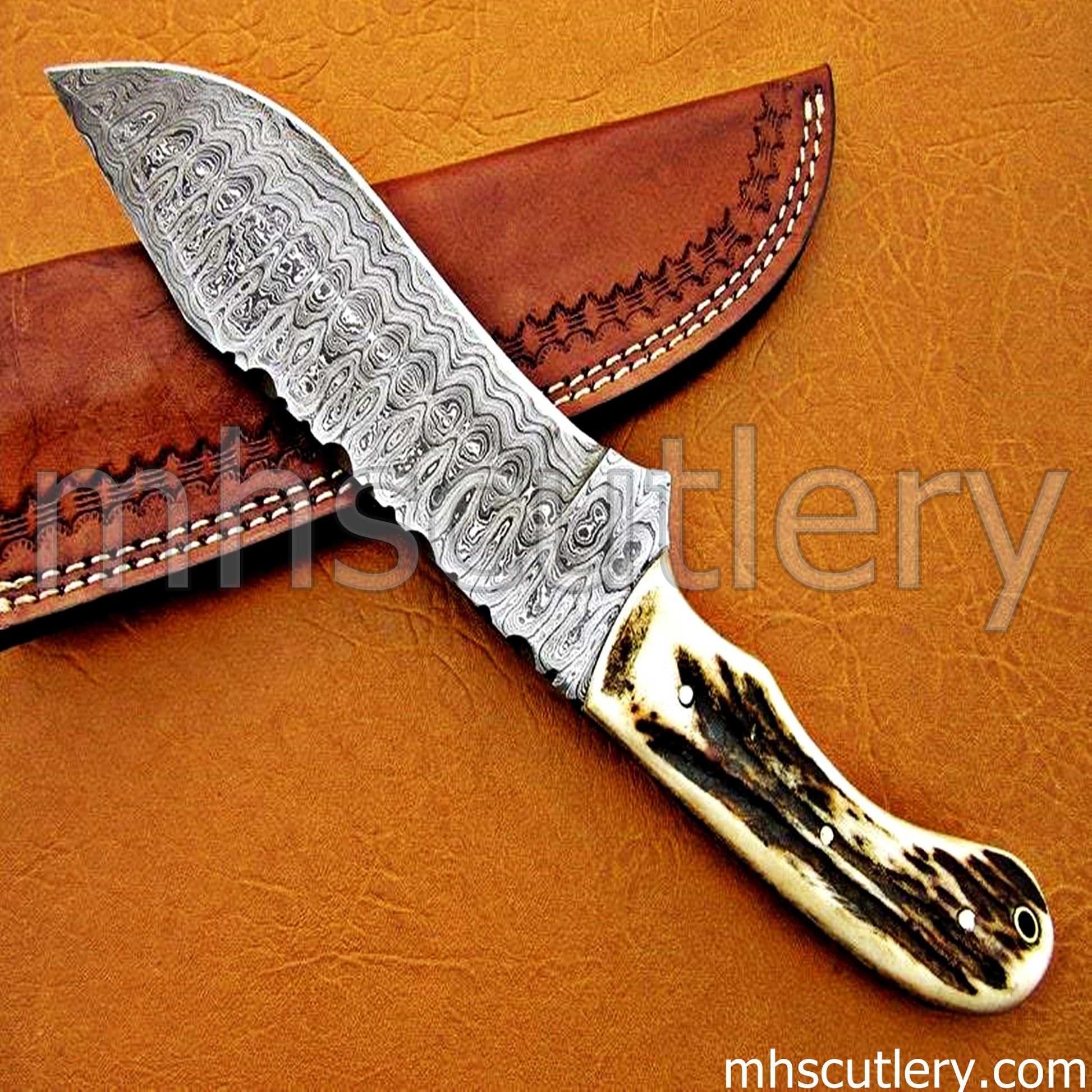 Handmade Ladder Damascus Steel Tactical Hunting Knife / Stag Handle | mhscutlery