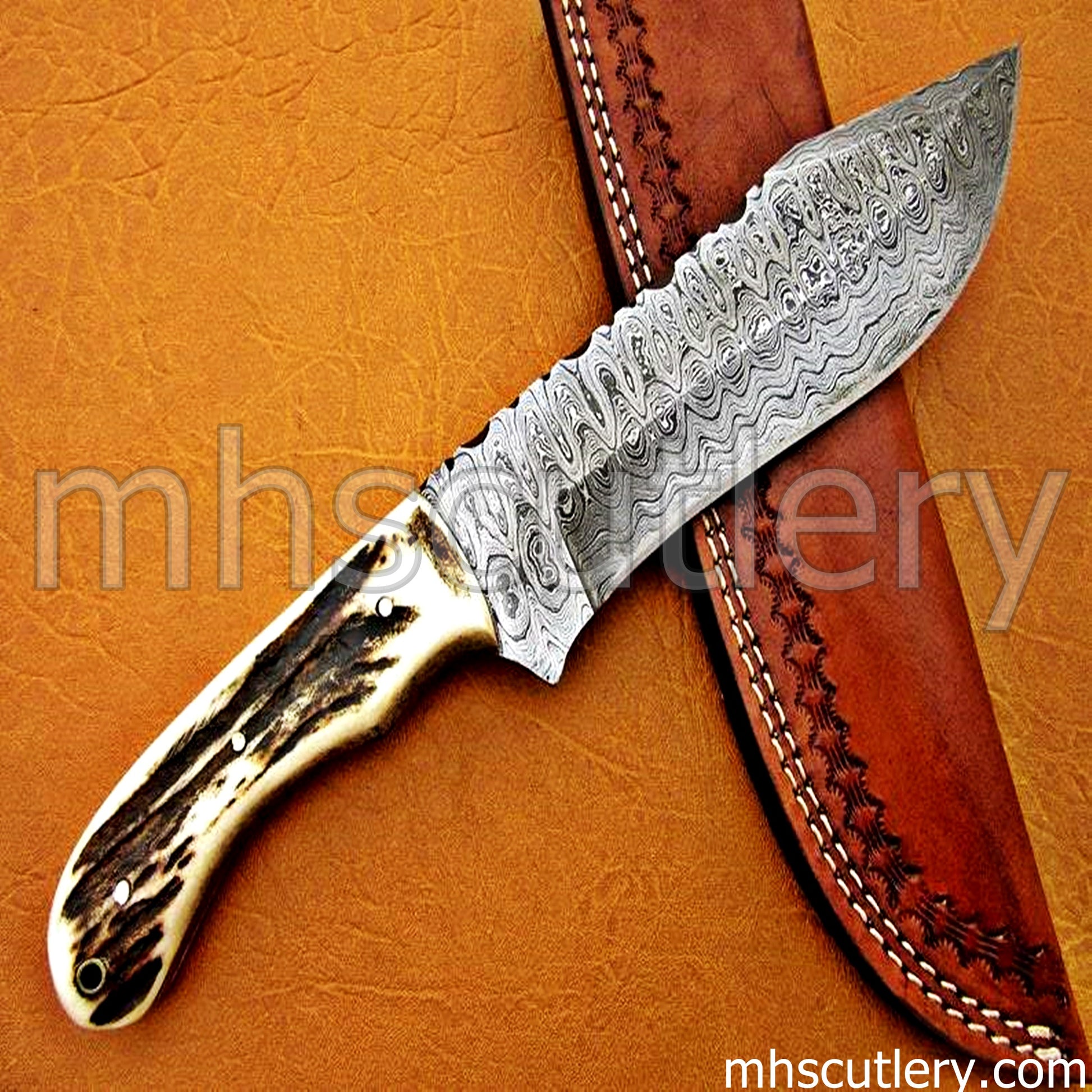 Handmade Ladder Damascus Steel Tactical Hunting Knife / Stag Handle | mhscutlery