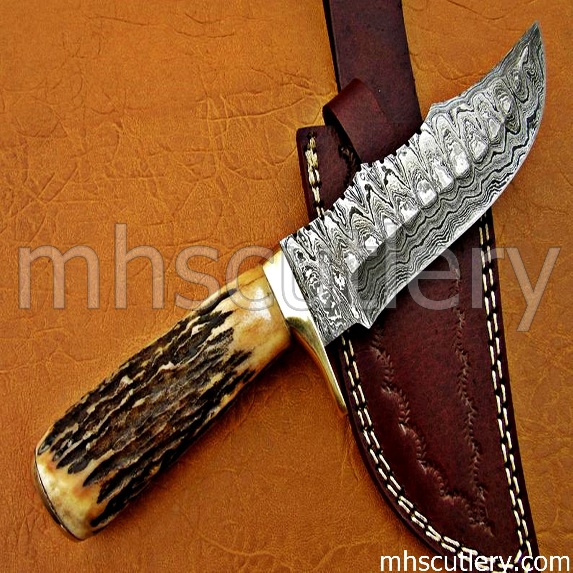 Ladder Damascus Steel Hunter's Knife / Antler Handle | mhscutlery