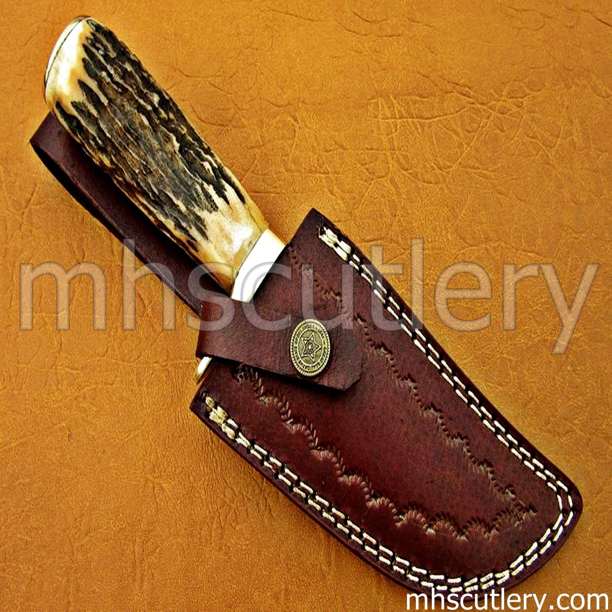 Ladder Damascus Steel Hunter's Knife / Antler Handle | mhscutlery
