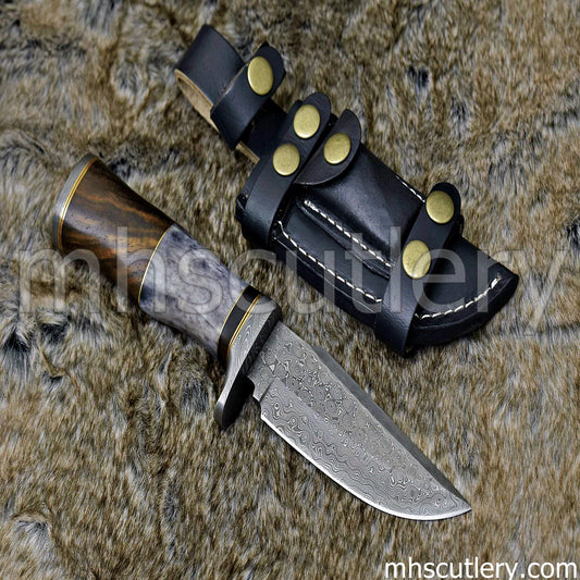 Custom Hand Forged Raindrop Damascus Steel Hunting Knife | mhscutlery
