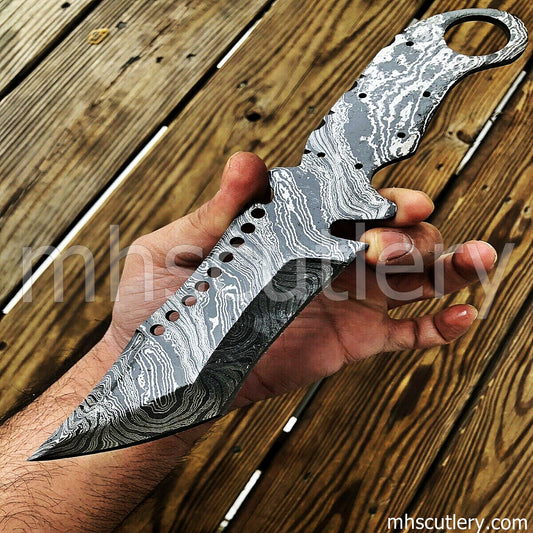 Damascus Steel Tactical Tracker Knife Blank Blade For Knife Makers | mhscutlery