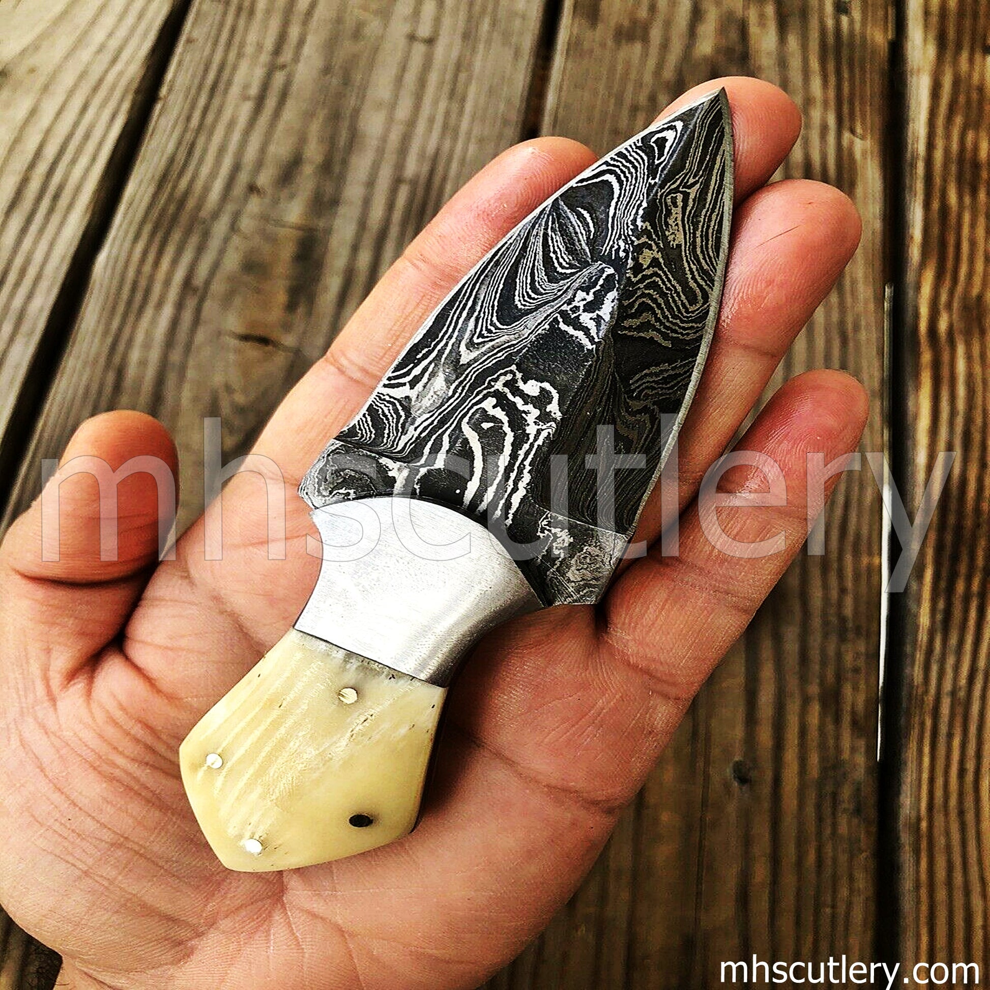 Hand Forged Damascus Steel Mini Dagger / Bone Handle | mhscutlery