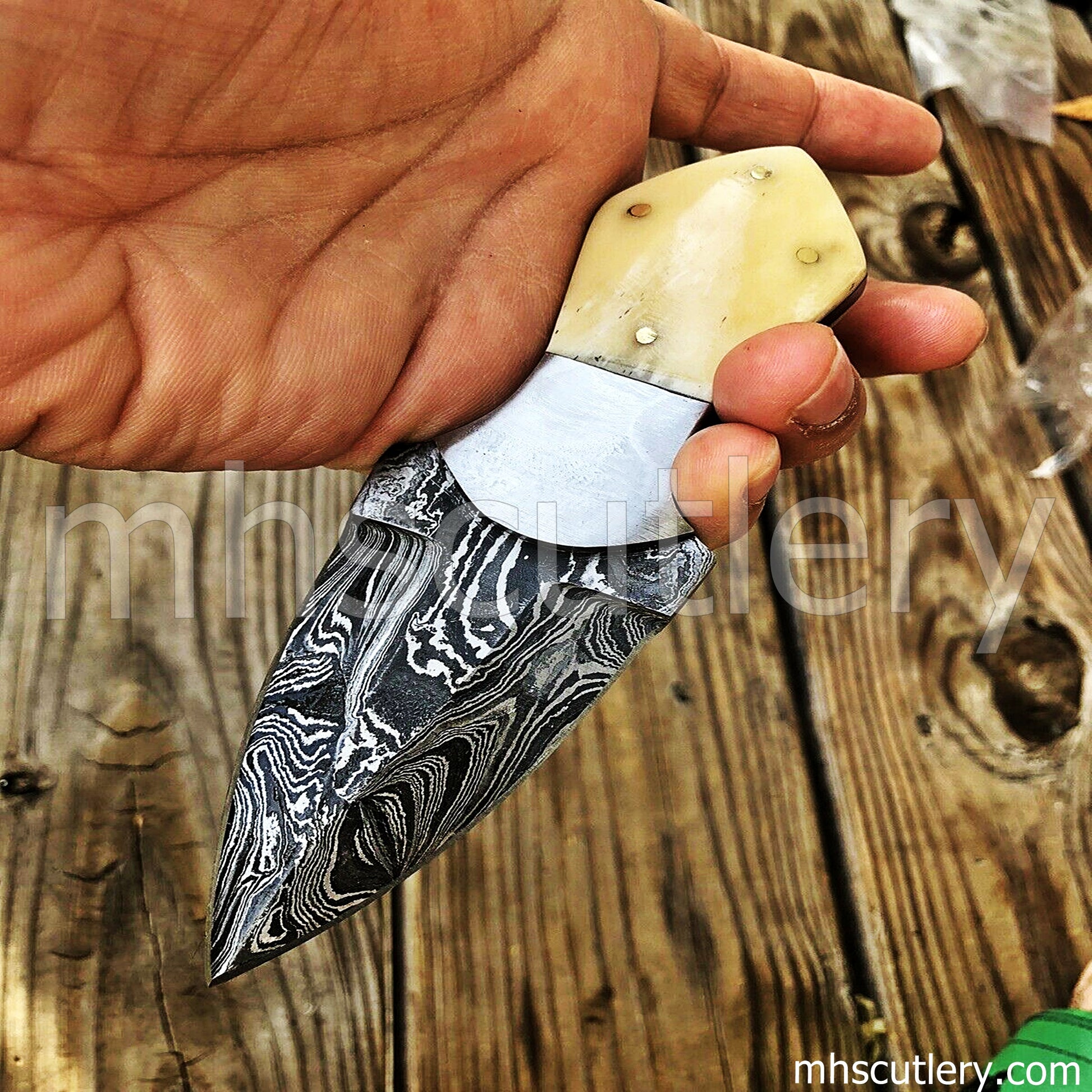 Hand Forged Damascus Steel Mini Dagger / Bone Handle | mhscutlery