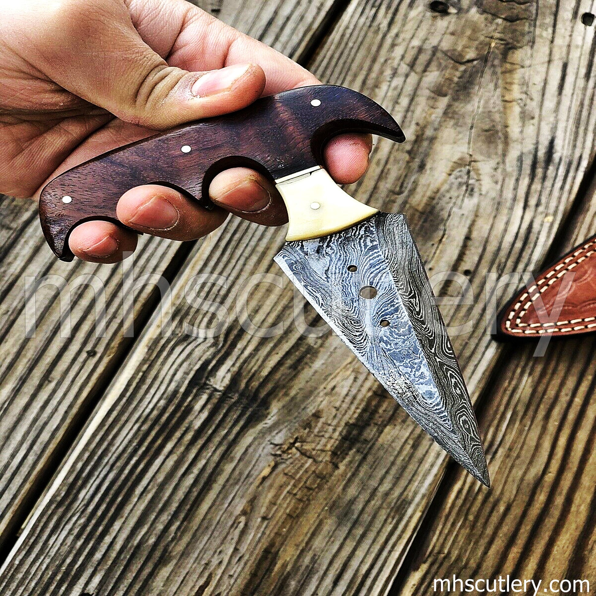 Damascus Steel Custom Push Dagger / Wood Handle | mhscutlery