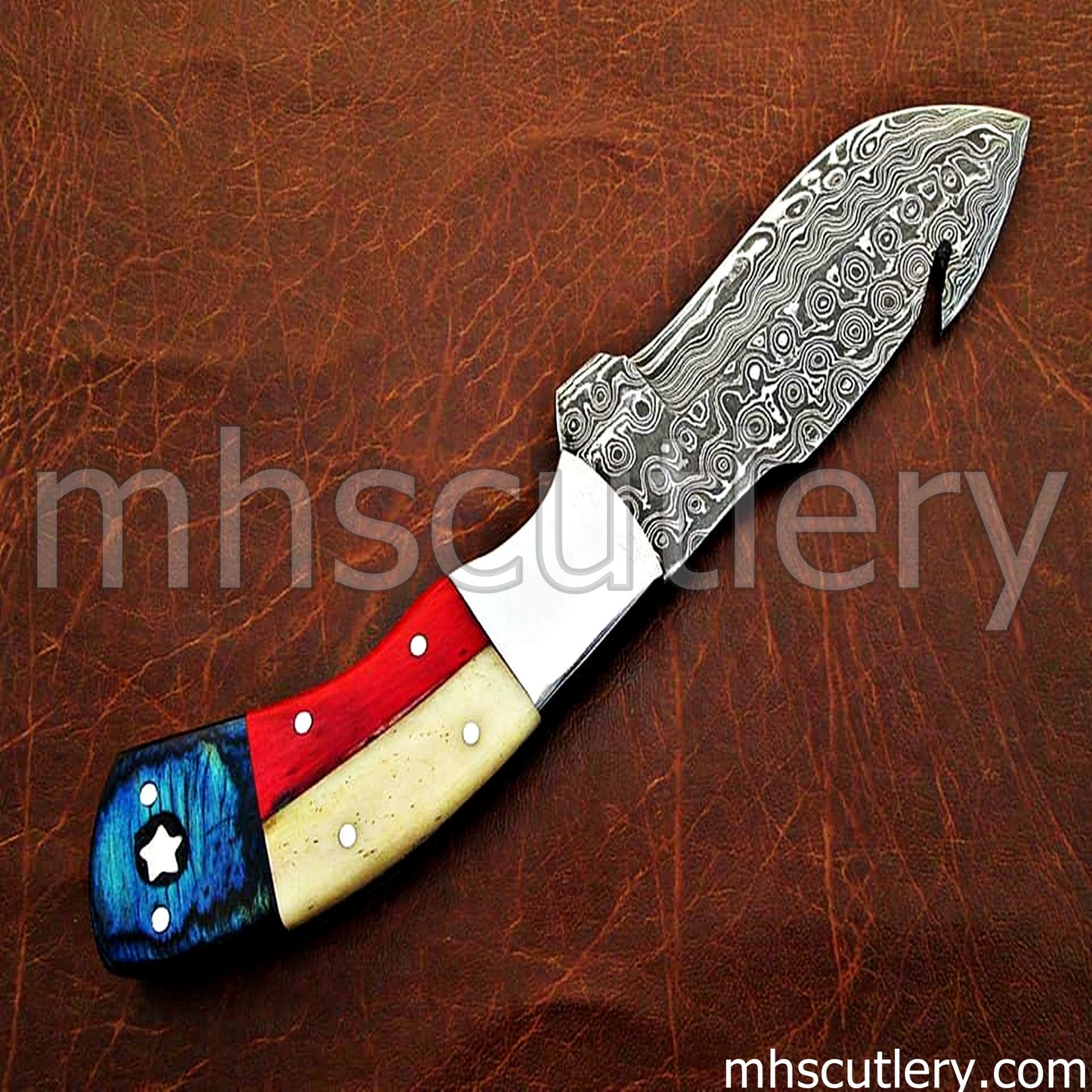 Raindrop Damascus Steel Gut Hook Hunter's Knife / American Flag Handle | mhscutlery